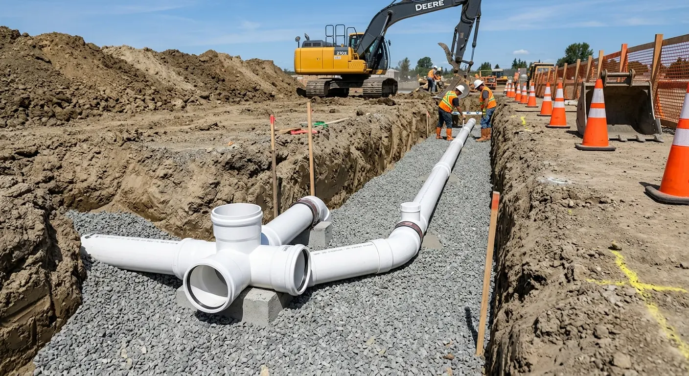 New PVC sewer pipe installation in open trench for Sewer Backup in Charlestown